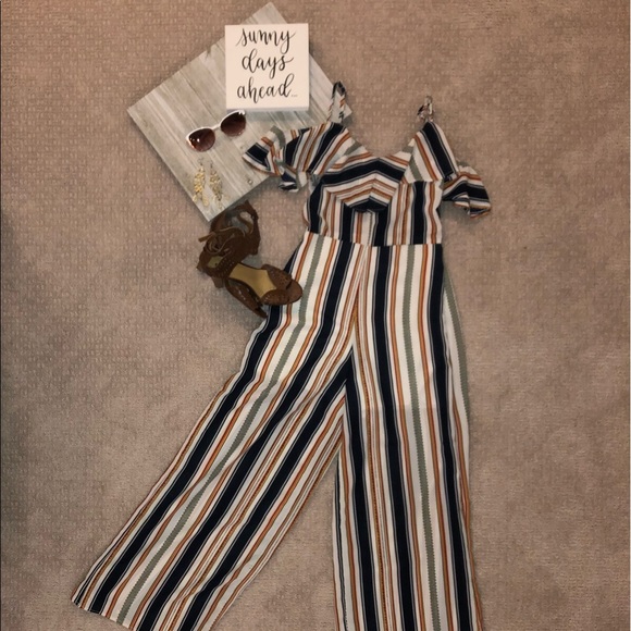Japna Striped Cold Shoulder Jumpsuit, M - Picture 4 of 6